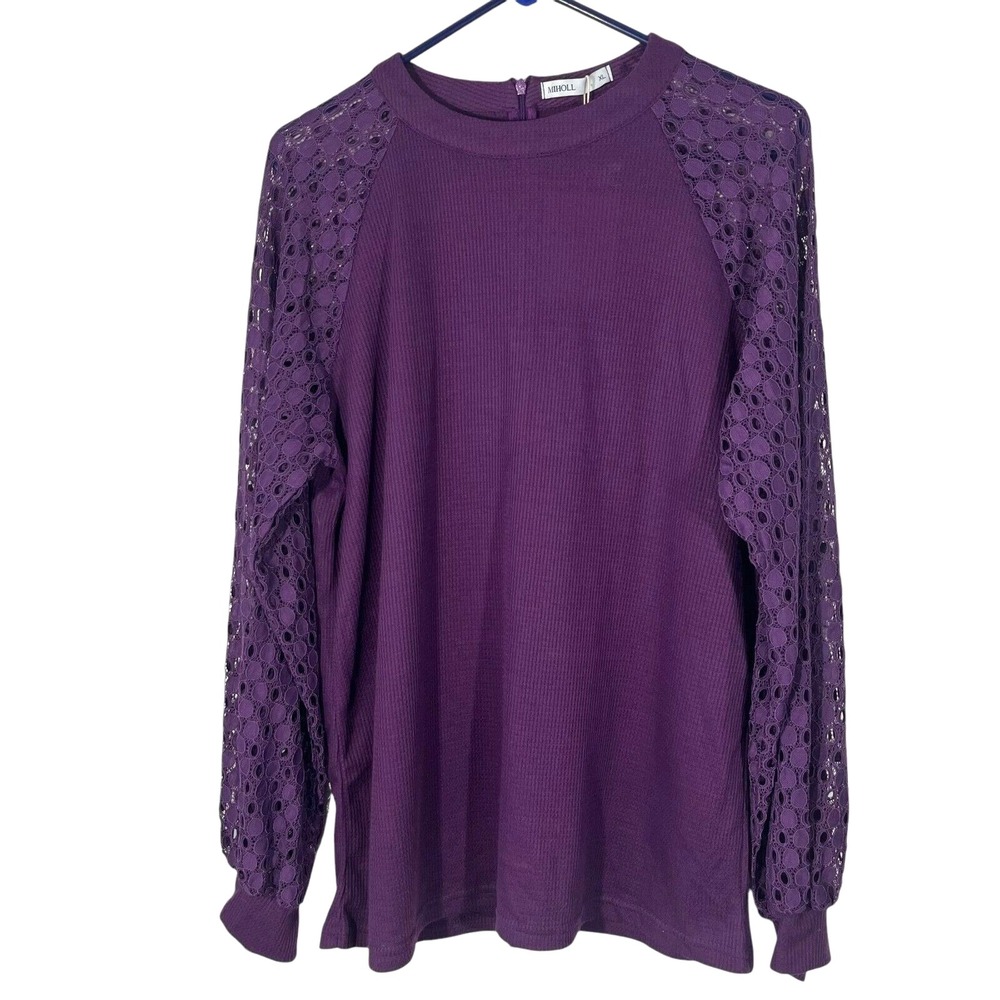Miholl NWT Women's Waffle Body/Lace Sleeve Pullover Stretch Shirt XL Zip Back